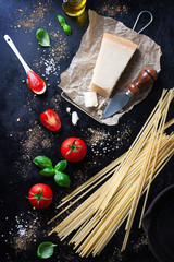 Food frame, italian food background, healthy food concept or ingredients for cooking pasta on a vintage background, top view