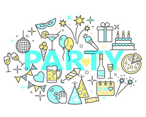 Fototapeta na wymiar Celebration Outline Icons. Party time concept illustration, thin line design.
