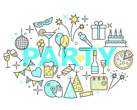 Celebration Outline Icons. Party time concept illustration, thin line design.