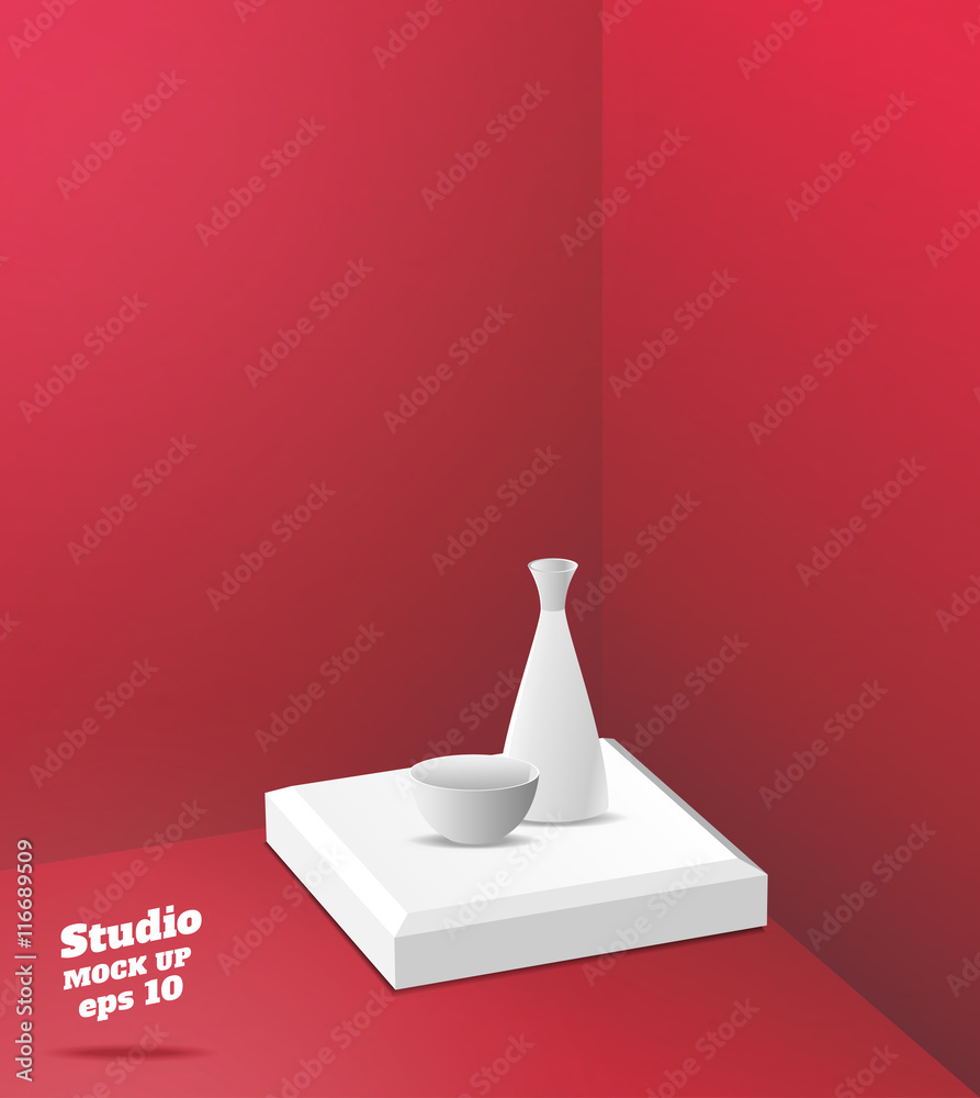 Poster vector,empty red studio room with corner background ,template mo