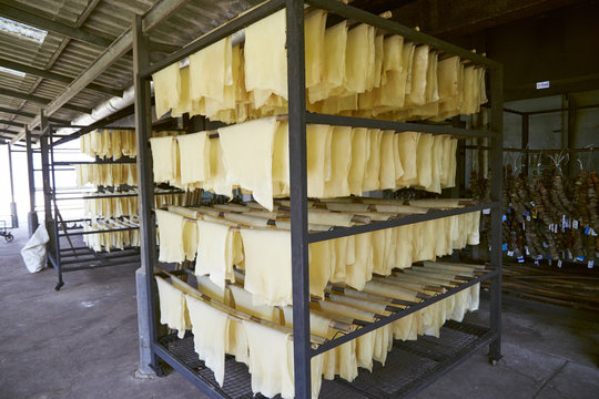 Rubber sheets hanging on the racks.
