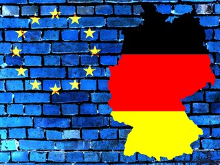 Relations EU – Germany - (Background)
The map of Germany in the colors of the national flag in front of a bluish brick wall with the European circle of stars. 
