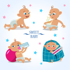 cute baby. vector set Isolated on white background. Baby are crawling, eating and sick.