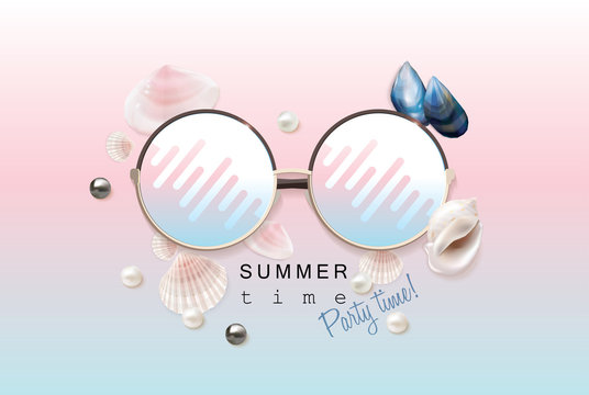 Sunglasses with bright abstract glass mirror reflections surrounded by exotic tropical seashells and sea pearls on rose quartz serenity background
