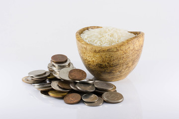 a handful of coins and white rice on a white background. The inc