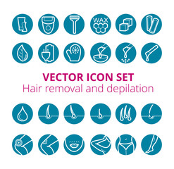 Thin lines web icon set - Depilation and epilation. Sugaring, waxing, photoepilation, hair removing. Allergy, skin irritation, pain icons. 