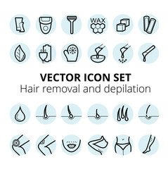 Thin lines web icon set - Depilation and epilation. Sugaring, waxing, photoepilation, hair removing. Allergy, skin irritation, pain icons. 