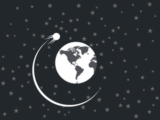 The satellite revolves around a planet in space. Vector illustration.