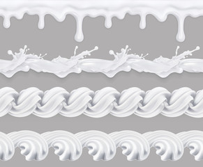 Milk, whipped cream, sweet glaze. Seamless pattern. Graphic elements vector set, mesh