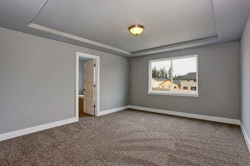 Grey empty basement room with carpet floor and window.