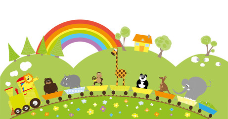 cute wild animals on the cartoon train, rural background with hills, trees and sheeps and rainbow
