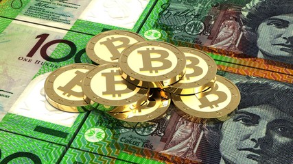 Stack of bitcoins with Australian dollar bills. 3D illustration.