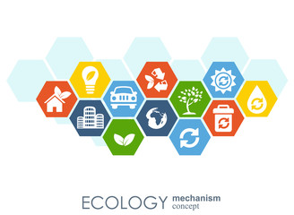 Ecology mechanism concept. Abstract background with connected gears and icons for eco friendly, energy, environment, green, recycle, bio and global concepts. Vector infographic illustration.