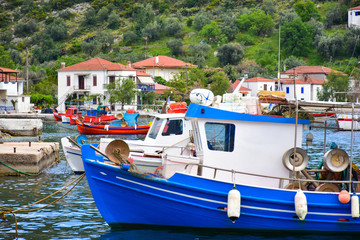 Fishing boats with nets in the traditional fisherman village on