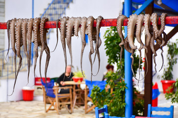 Greek taverna restaurant with calamari sea food displayed in the - obrazy, fototapety, plakaty