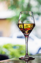 glass of spanish jerez sweet sherry wine in outdoor cafe