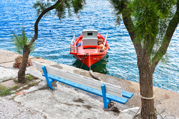 Fishing boats with nets in the traditional fisherman village on