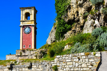 The clock tower of the old fortress in Corfu Town on top of the