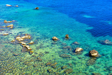The clear blue waters near Corfu Town. Kerkyra in old Greece.