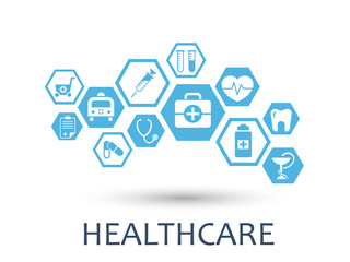 Healthcare mechanism concept. Abstract background with connected gears and icons for medical, health, strategy, care, medicine, network, social media and global concepts. Vector infographic.