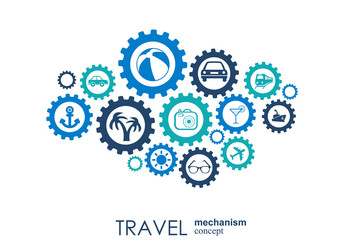 Travel mechanism. Abstract background with connected gears and integrated flat icons. Connected symbols for money, card, bank. Vector interactive illustration