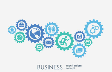 Business mechanism concept. Abstract background with connected gears and icons for strategy, service, analytics, research, seo, digital marketing, communicate concepts. Vector infographic illustration