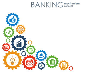 Banking mechanism. Abstract background with connected gears and integrated flat icons. Connected symbols for money, card, bank, business and finance concepts. Vector interactive illustration