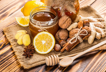 Honey with lemon and nuts.