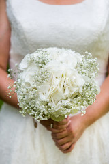 Bride holding Hydrangea, Gypsophila bouquet. Wedding flowers. Bridal white bouquet. Wedding