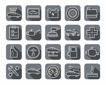 Repair and maintenance of vehicles, contour icons, gray. 