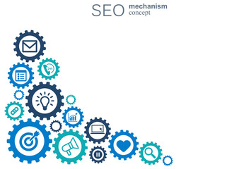 SEO mechanism concept. Abstract background with integrated gears and icons for strategy, digital, internet, network, connect, analytics, social media and global concepts. Vector infographi?.