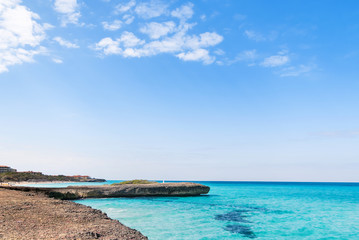 Volcanic tuff coast and azure Caribbean sea. Varadero, Cuba.