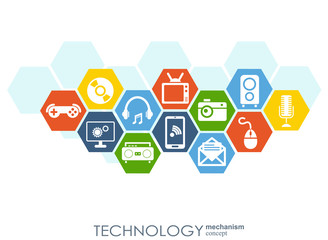 Technology mechanism concept. Abstract background with integrated gears and icons for digital, strategy, internet, network, connect, communicate, social media and global concepts. Vector infographic.