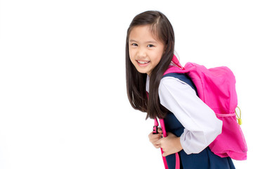 Portrait of asian child in school uniform with school bag on white background isolated