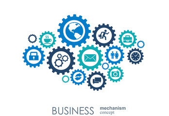 Business mechanism concept. Abstract background with connected gears and icons for strategy, service, analytics, research, seo, digital marketing, communicate concepts. Vector infographic illustration