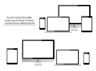 Set of realistic computer monitors, laptops, tablets and mobile phones. Electronic gadgets isolated on white background