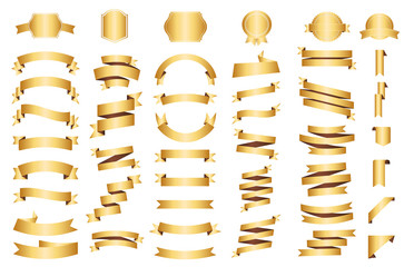 Banner vector icon set gold color on white background. Ribbon isolated shapes illustration of gift and accessory. Christmas sticker and decoration for app and web. Label, badge and borders collection.