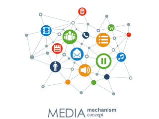 Media mechanism concept. Growth abstract background with integrated meta balls, integrated icon for digital, strategy, internet, network, connect, communicate, technology, global concepts.