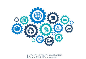 LOGISTIC mechanism concept. distribution, delivery, service, shipping, logistic, transport, market concepts. Abstract background with connected objects. Vector illustration.