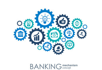 Banking mechanism. Abstract background with connected gears and integrated flat icons. Connected symbols for money, card, bank, business and finance concepts. Vector interactive illustration