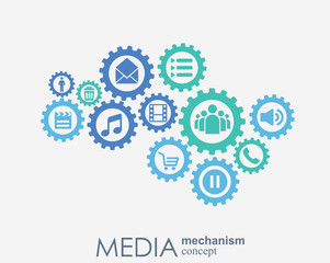 Media mechanism concept. Growth abstract background with integrated meta balls, integrated icon for digital, strategy, internet, network, connect, communicate, technology, global concepts.