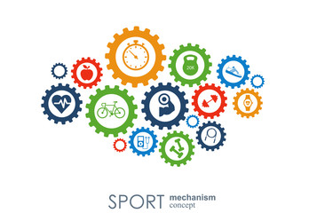 Sport mechanism concept. Football, basketball, volleyball, ball concepts. Abstract background with connected objects. Vector illustration.
