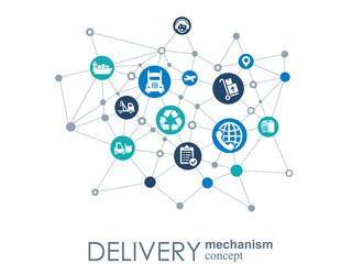 Delivery mechanism concept. Abstract background with connected gears and icons for logistic, service, strategy, shipping, distribution, transport, market, communicate concepts. Vector interactive.
