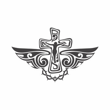 Gothic and tattoo marks. Christian symbols. Cross and Holy Spirit wings.
