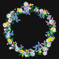 vector illustration wreath of wildflowers colorful daisies cornflowers dandelions on a black background