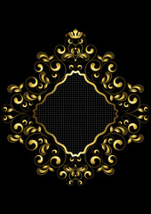 Original golden frame with a beads curls and leaves on a black background
