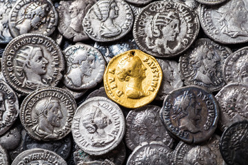 Coins of the Roman Empire, gold and silver.