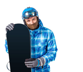 Portrait of young man in sportswear with snowboard isolated on a white background.