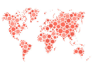 World map mosaic of red dots in various sizes and shades on white background. Vector illustration. World map background theme.