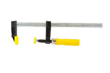 Yellow and black F-clamp, also known as a bar clamp or speed clamp and a G-clamp isolated on a white background. Tools serties.